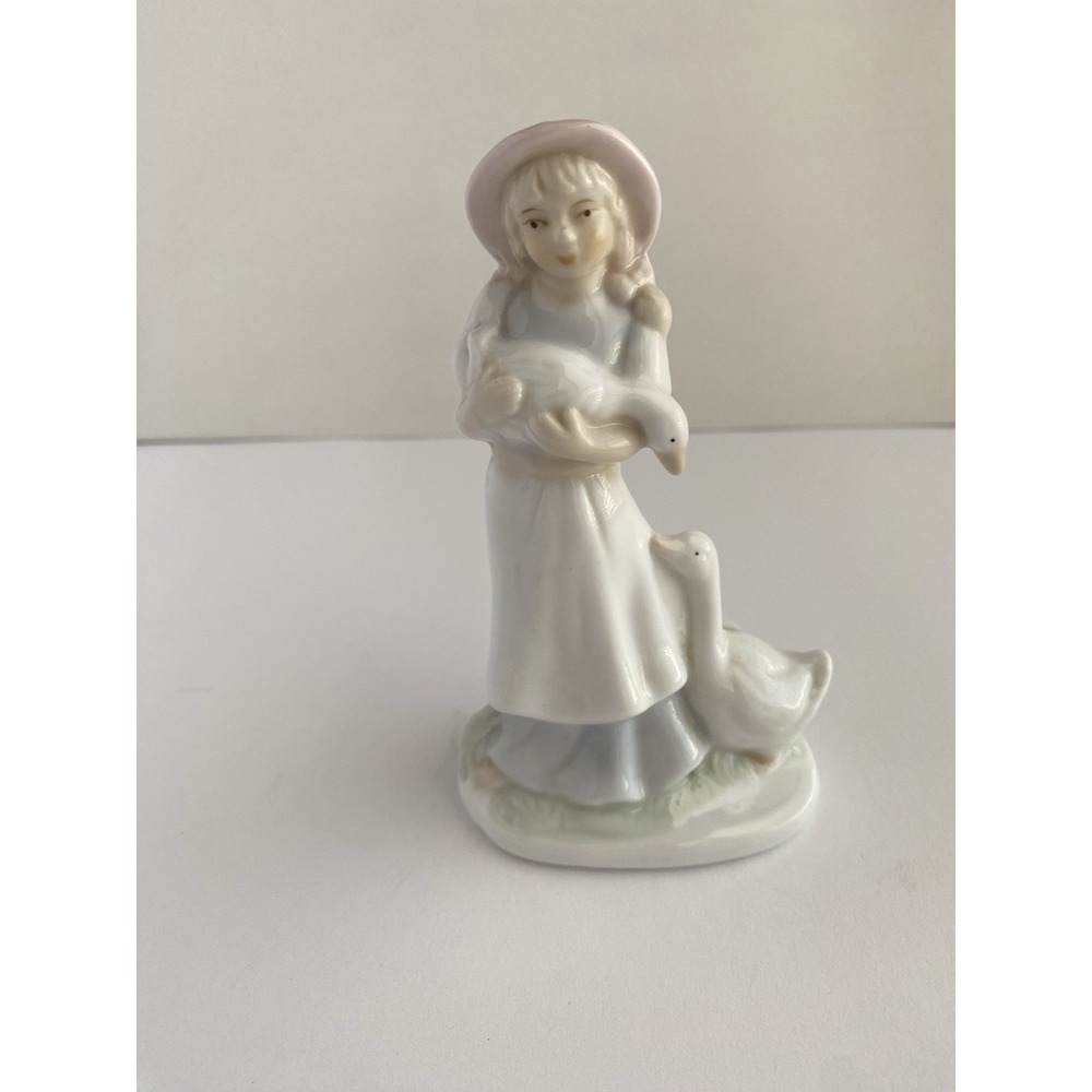 Vintage K's Collection Porcelain Girl with Goose Figurine 5" White Glossy